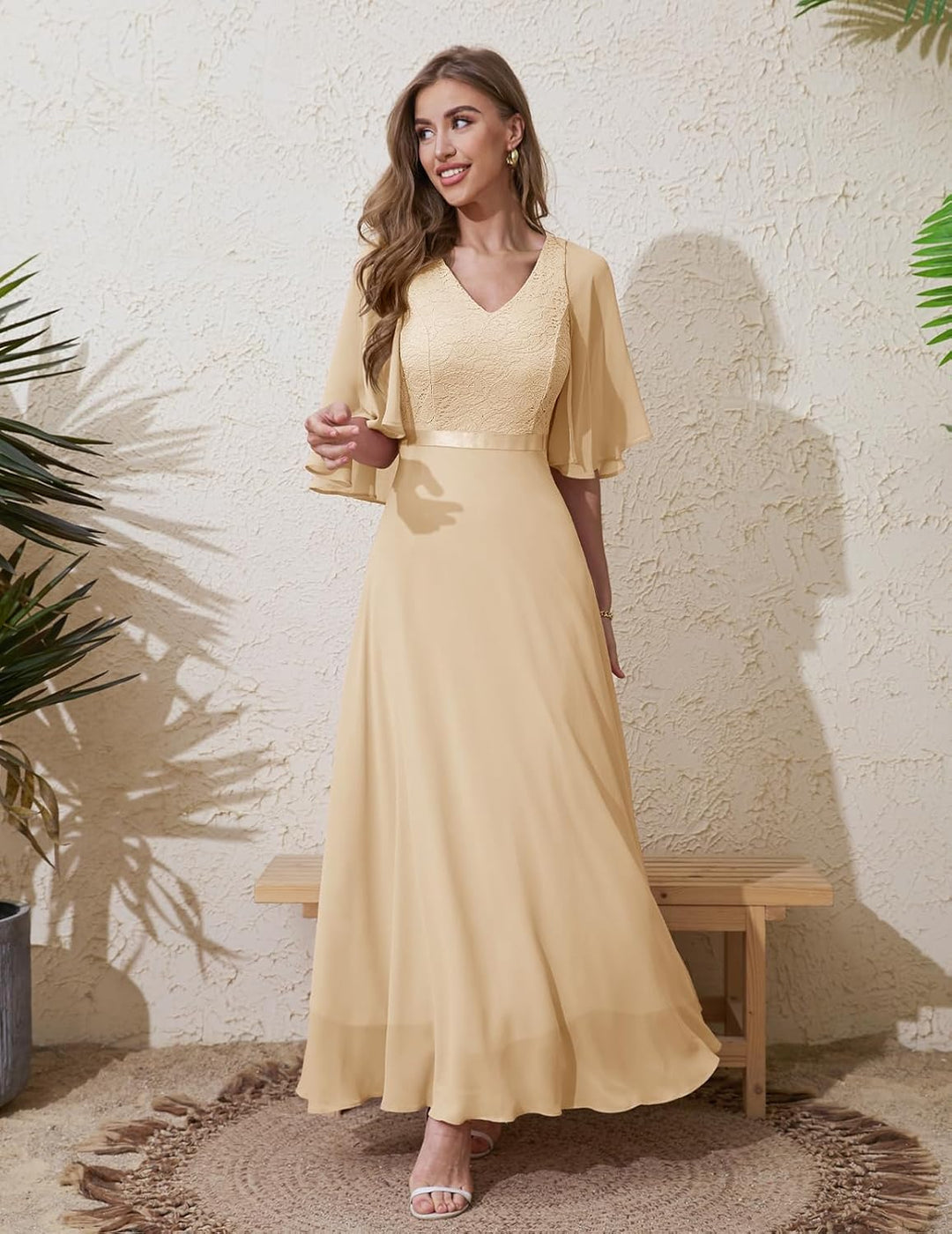 DRESSTELLS Abendkleid Damen Festlich Spitzenkleid für Hochzeit Chiffon Cape Ärmel Ballkleid Elegant