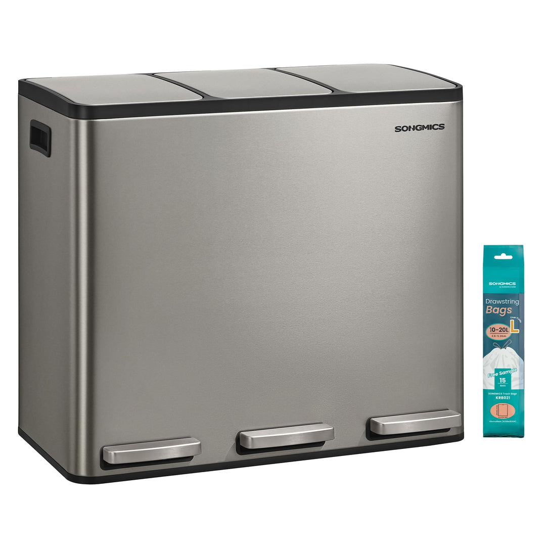 SONGMICS Mülleimer Küche, 3 x 18 L, Mülltrennsystem 3 Fächer, Abfalleimer mit 15 Müllbeuteln, Tretmü