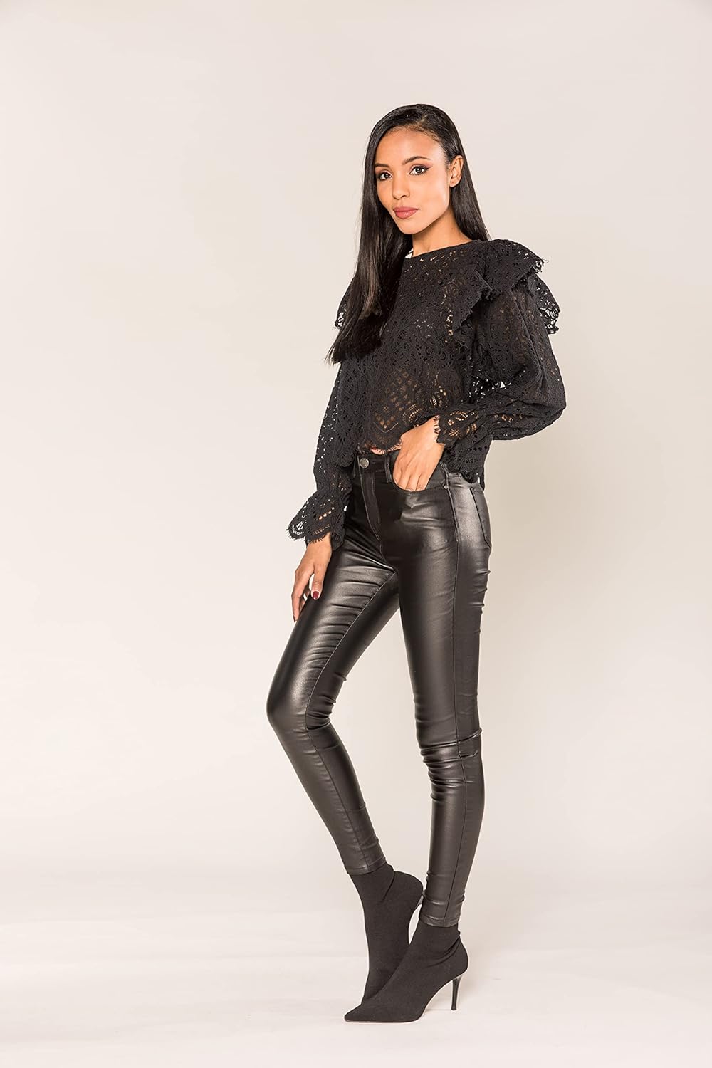 Nina Carter S513 Damen Skinny Fit Wetlook Jeans HIGH Waist Lederlook Stretchjeans Jeanshosen Hose Kn