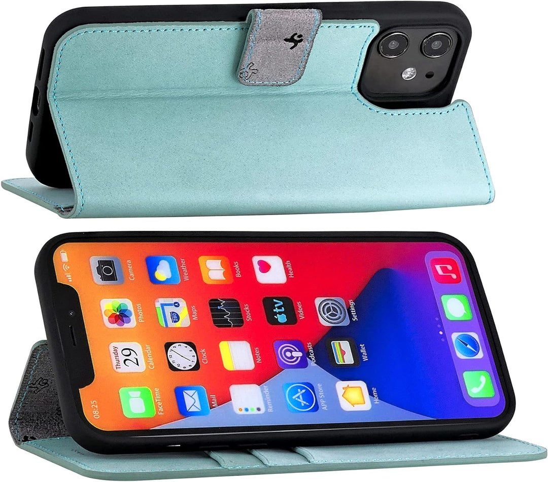 Suncase Book-Style Hülle kompatibel mit iPhone 12 (6.1") Leder Tasche (Slim-Fit) Lederhülle Handytas