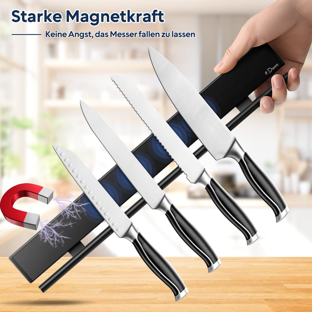 Dmore Magnetleiste Messer mit 10 Haken, 50 cm Messerhalter magnetisch schwarz mit Hakenleiste, extre