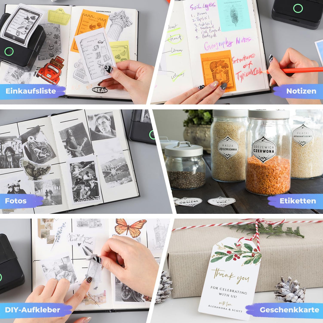 PRAOAHEI Mini Drucker, Tragbarer Thermodrucker mit 10 Rollen Druckerpapier | Bluetooth Etikettendruc