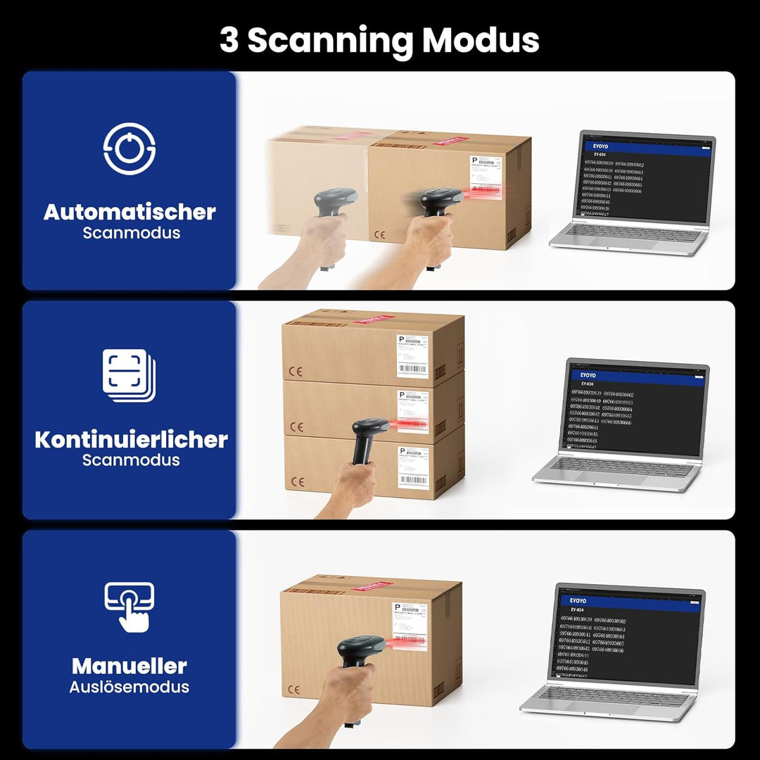 Eyoyo QR Code Scanner, 1D/2D Bluetooth Funk Barcode Scanner, 3-in-1 2.4G kabellos/USB Kabel Barcode