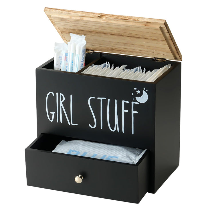 Tampon Aufbewahrungsbox 3 Fächer mit Deckel und Schublade, Badezimmer Organizer Holz Tampon Aufbewah