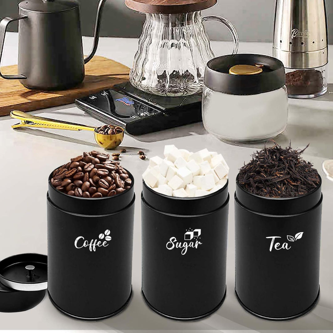 Daily Treasures 3er-Set Schwarze Teedosen mit Doppelverschluss, Aromadichte Edelstahl-Behälter für K