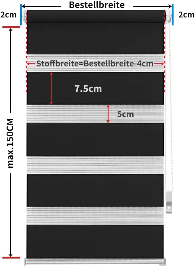 OBdeco Doppelrollo Duo Rollo Klemmfix ohne Bohren B95cm x H150cm(Stoffbreite 91 cm) Schwarz für Fens