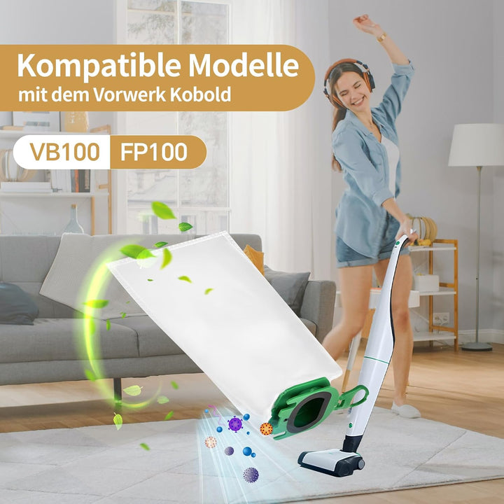 12 Stück Staubsaugerbeutel für Vorwerk Kobold VB100 VB 100 FP100 FP 100 Akku Staubsauger mit 6 Duftb