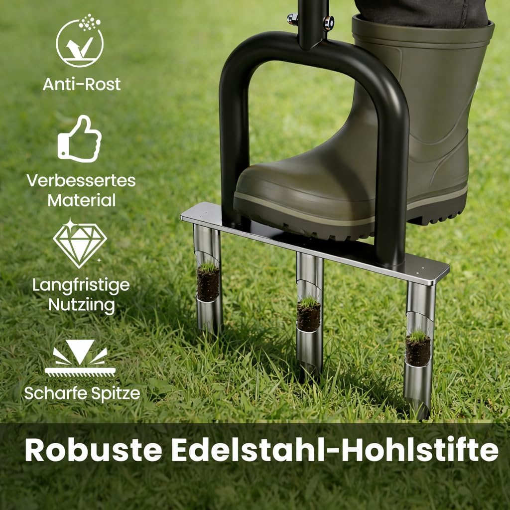 Aerifizierer für Rasen, Rasenlüfter aus Edelstahl, 3 Zinken Hohlzinken, Gartengerät zum Rasen Belüft