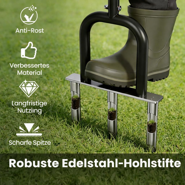 Aerifizierer für Rasen, Rasenlüfter aus Edelstahl, 3 Zinken Hohlzinken, Gartengerät zum Rasen Belüft