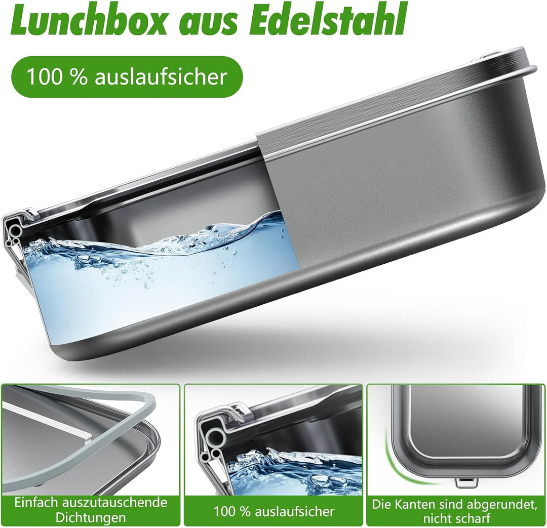 Brotdose Edelstahl mit Fächern, Lunchbox Auslaufsicher 1200ml, Brotzeitdose mit Trennwänd, Brotdosen