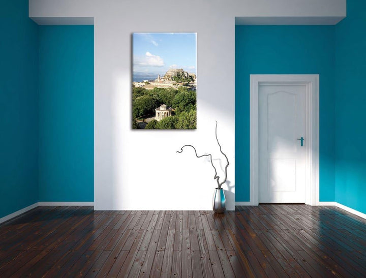 Pixxprint Griechische Entspannungsoase / 100x70cm Leinwandbild bespannt auf Holzrahmen/Wandbild Kuns