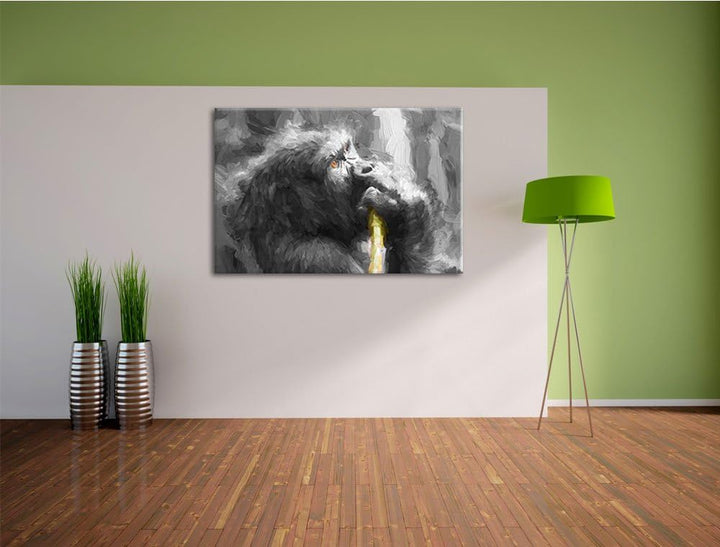 stolzer Gorilla isst schwarz/weiss Deluxe Format: 100x70 cm auf Leinwand, XXL riesige Bilder fertig