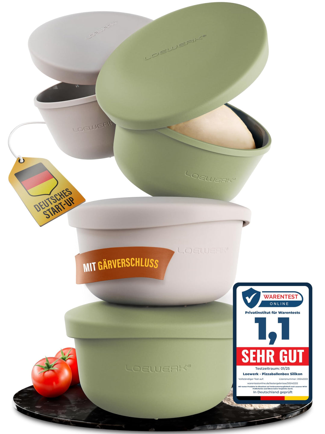 Pizzaballenbox mit Deckel – 4er Set – atmungsaktive Teigbox für perfekten Pizzateig - platzsparende