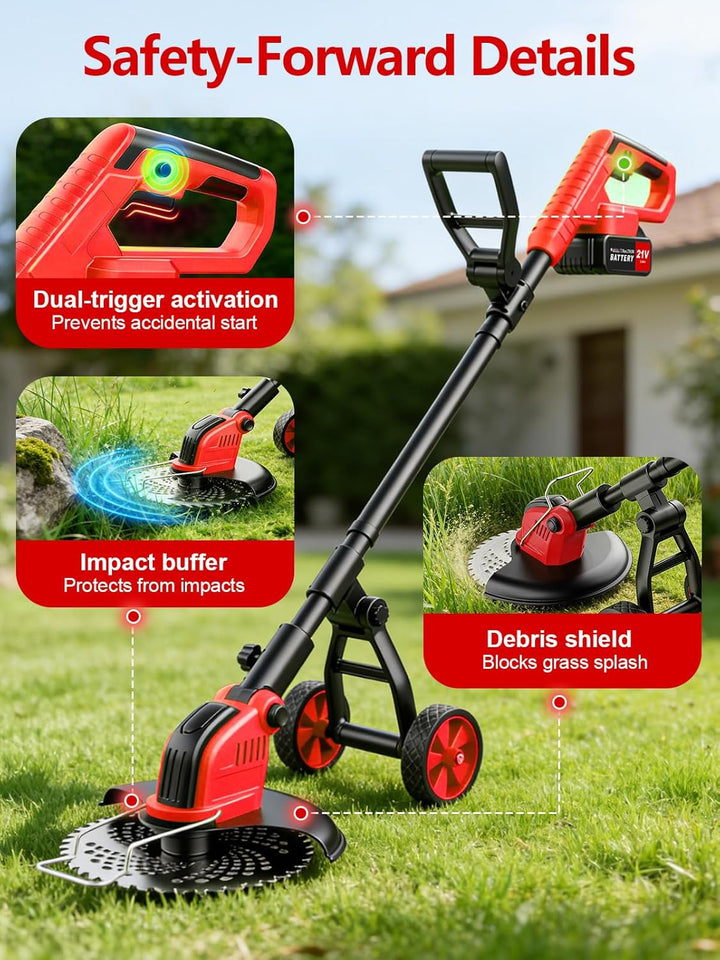 30CM Rasentrimmer mit Akku, 21V Akku Rasentrimmer mit 2 × 3.0Ah Akku& Ladegerät, 20000U/min 4 Klinge