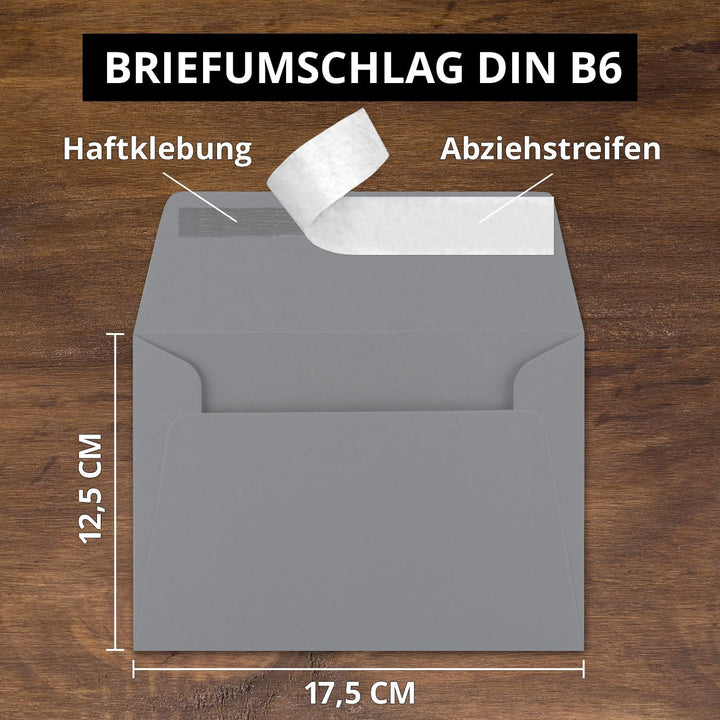 50x Brief-Umschläge B6 - Dunkelgrau - 12,5 x 17,5 cm - Haftklebung 120 g/m² - breite edle Verschluss