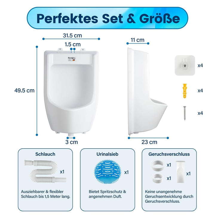 Urinal Kunststoff Pissoir mit Schlauch, Urinalsieb & Zubehöhr - Herren Männer WC Set Steh Klo Urinal