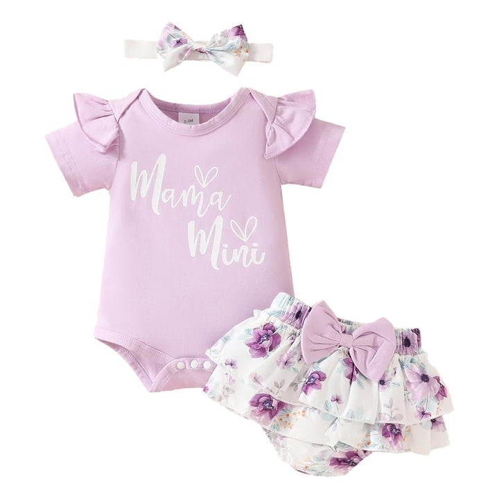 Neugeborene Baby Mädchen Sommer Outfit Rüschen Kurzarm Top+ Bowknot Bloomers Tutu Rock Shorts+ Stirn