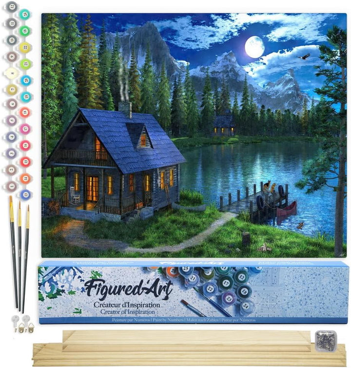 Figured'Art Malen Nach Zahlen Erwachsene Mit Rahmen See am Abend - Paint by Numbers Basteln DIY Bast