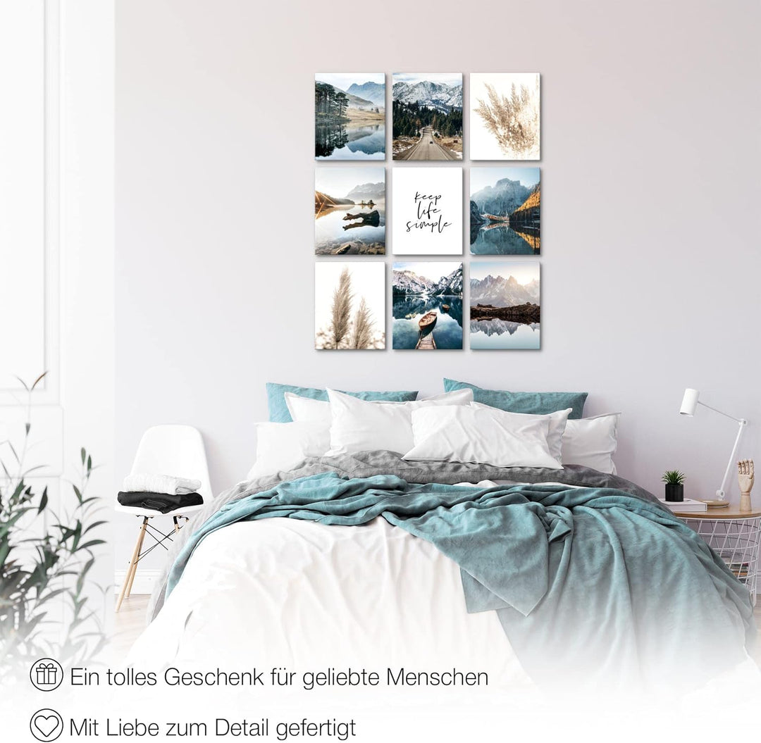 Novart Wandbilder Natur - KOMPLETT AUFHÄNGFERTIG - See Berge Wohnzimmer Schlafzimmer- 9 Moderne Mood