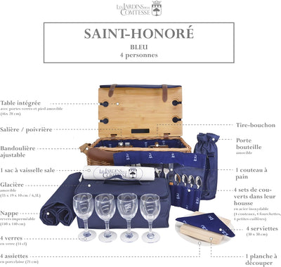 Les Jardins de la Comtesse - Picknickkorb aus Weide und Leder Saint-honoré in blau, mit abnehmbarem