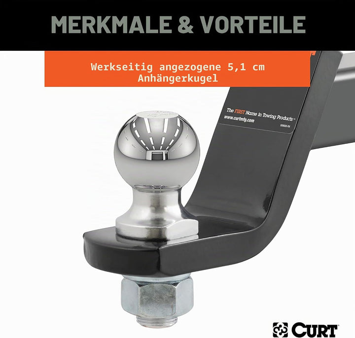 CURT 45056 Anhängerkupplungshalterung mit 5,1 cm Kugel und Stift, passend für 2-Zoll-Empfänger, 3,4