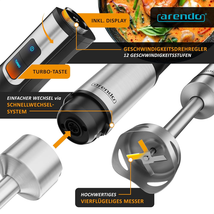 Arendo - Edelstahl Stabmixer 1500 Watt – mini Standmixer mit Trinkflasche Deckel und Messereinheit -