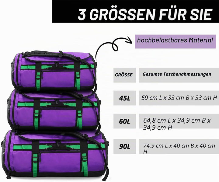 MIER Grosse Sporttasche wasserdicht Sportrucksack mit Schuhfach umwandelbar in Rucksack, 45L/60L/90L