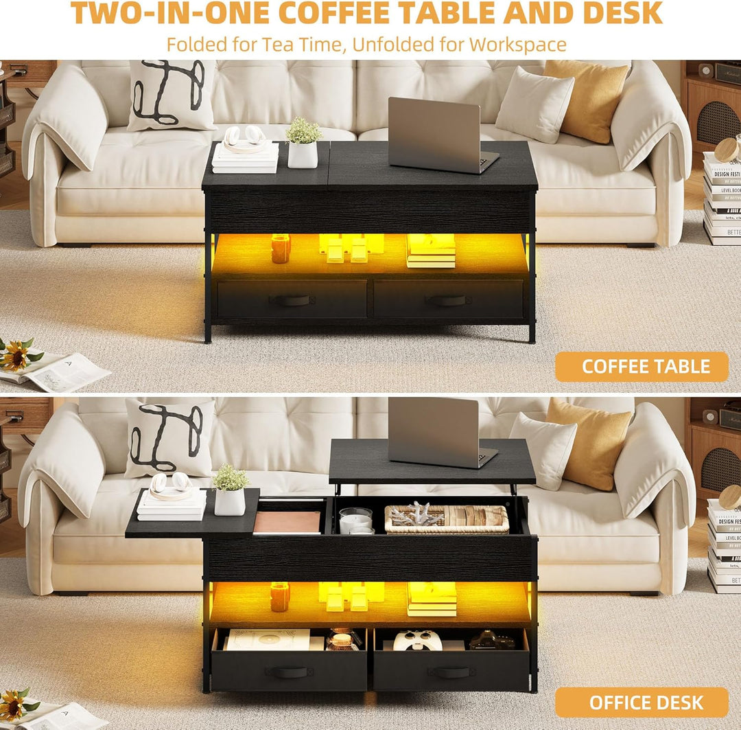 DWVO Couchtisch Höhenverstellbar mit 2 Schublade und Offener Lagerraum, LED Couchtisch mit Versteckt