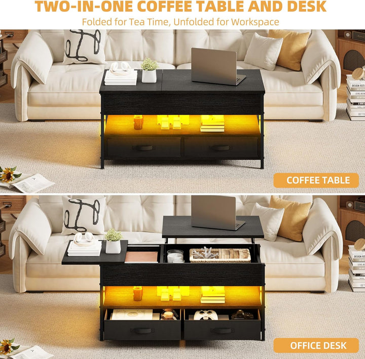 DWVO Couchtisch Höhenverstellbar mit 2 Schublade und Offener Lagerraum, LED Couchtisch mit Versteckt