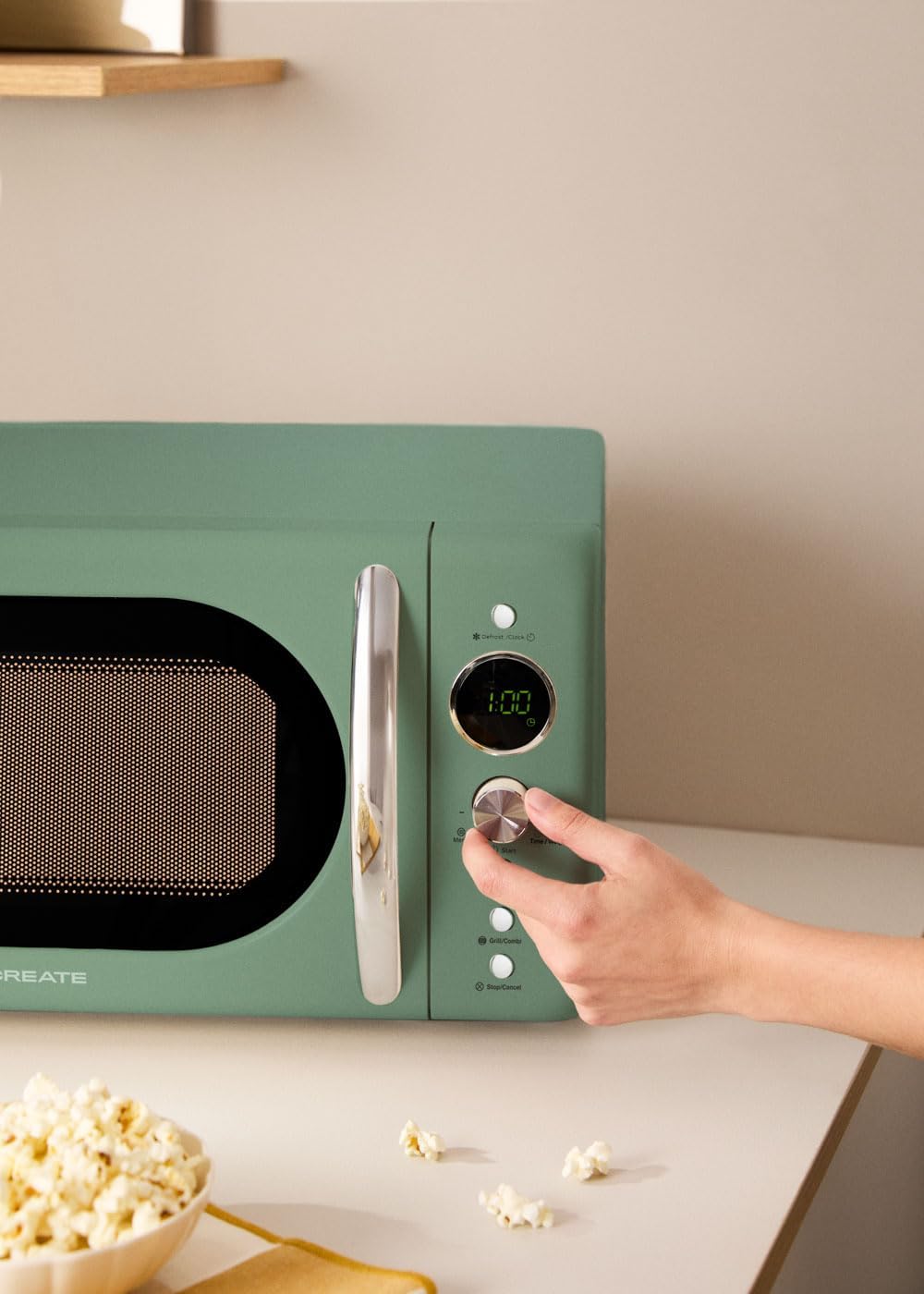 CREATE/MICROWAVE RETRO/Digitale Mikrowelle mit Grillfunktion Salbeigrün/Retro-Stil, 20L Fassungsverm