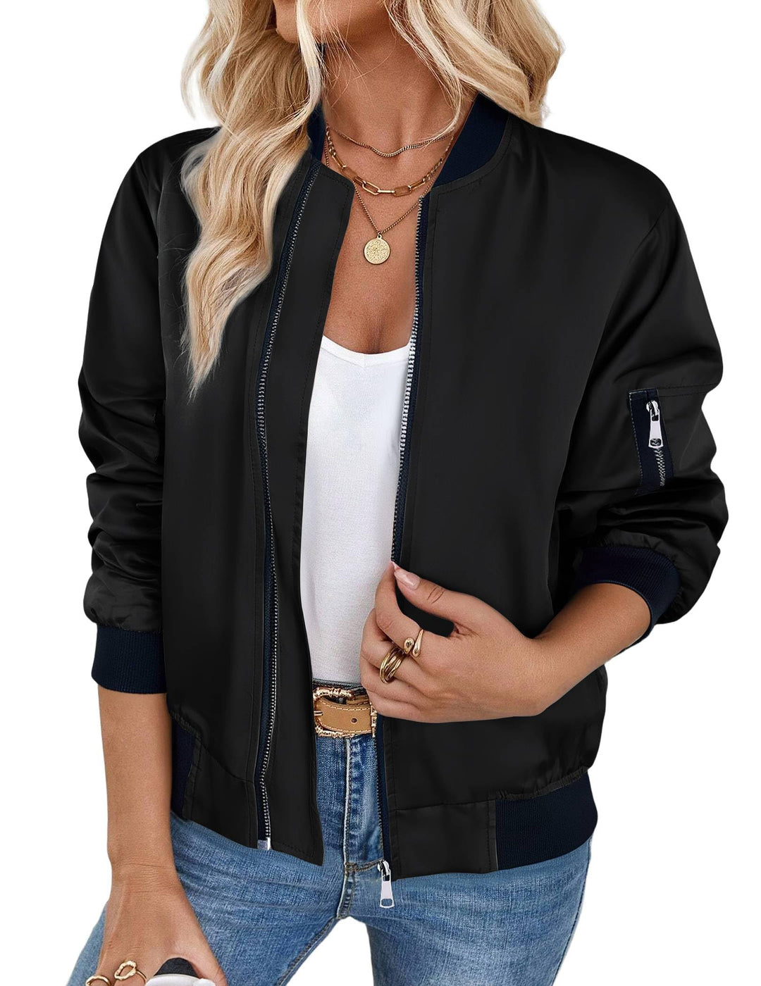 Zeagoo Bomberjacke Damen Kurz Blouson Jacket leichte Fliegerjacke Langarm Casual Frühling Pilotenjac