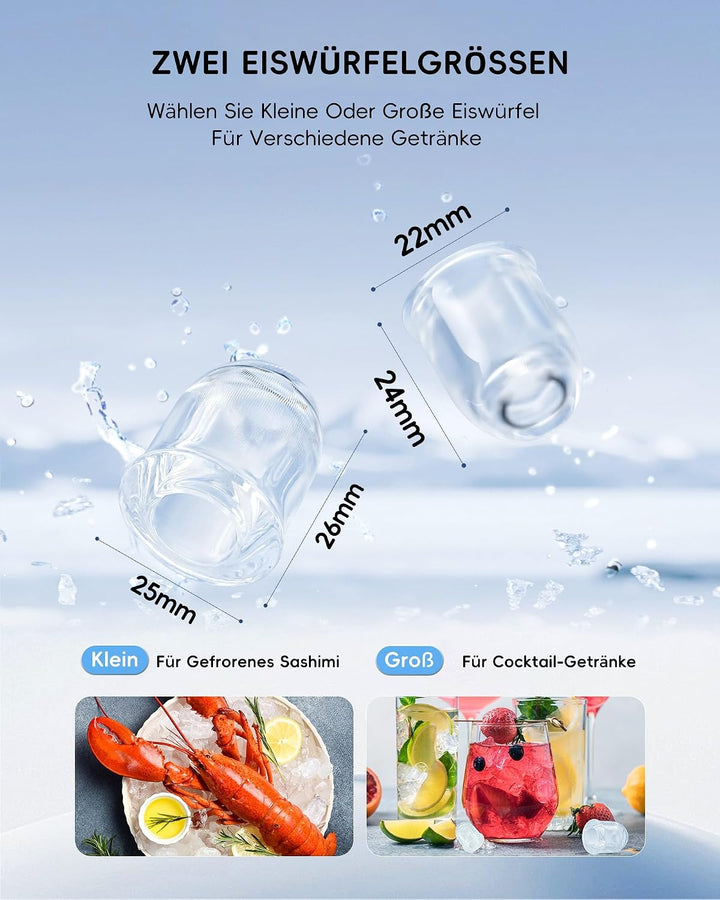 ecozy Eiswürfelmaschine Klein, Tragbar und Kompakt mit Farbdisplay, 24-Stunden-Timer, 12 KG/24H, Eis