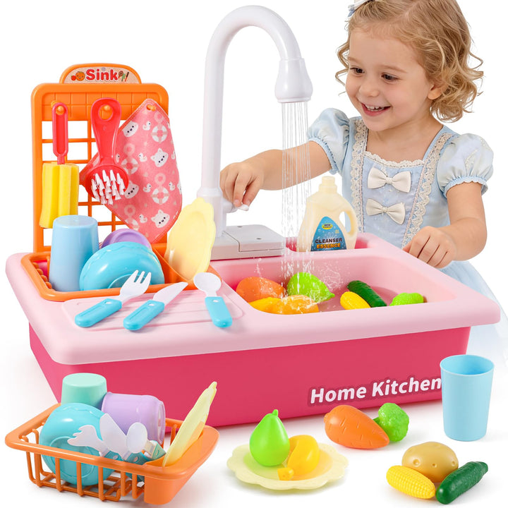 Mini Tudou Kinderwaschbecken Spielzeug,Spielspüle Spielzeug mit Automatischem Wasserzyklus-System, E