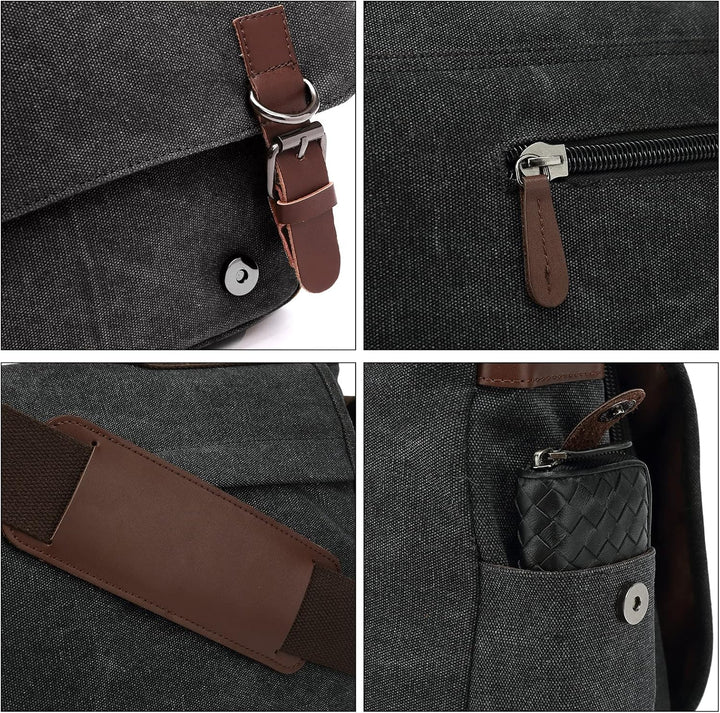 CALIYO Umhängetaschen Herren aus Canvas Schultasche Queformat A4 Laptoptasche für 15,6 Zoll Laptop A