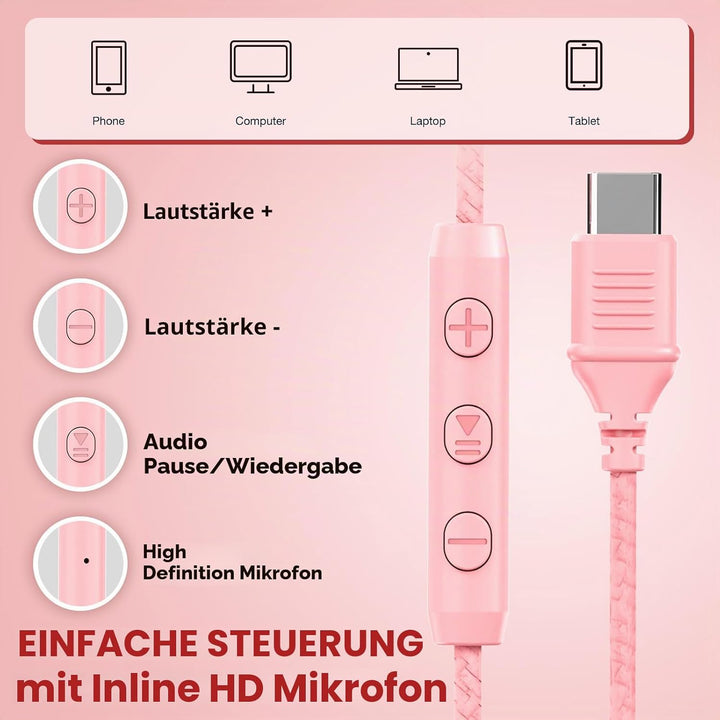 USB-C-Kopfhörer kabelgebunden, Over-Ear-Kopfhörer mit Mikrofon, Lautstärkeregler, HD-Stereo-Sound, F
