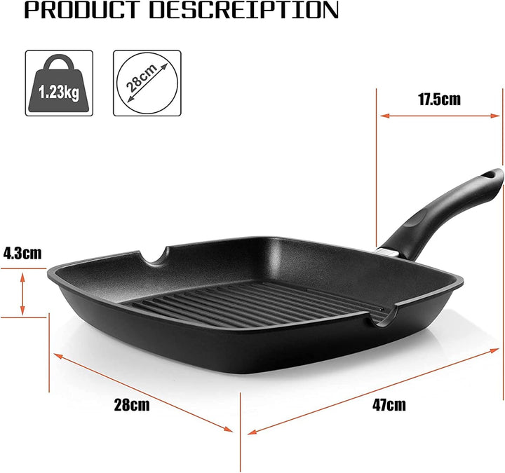 Grillpfanne 28×28 cm, Steakpfanne Induktion aus Aluminiumguss, induktionsgeeignet Pfanne, PFOA-freie