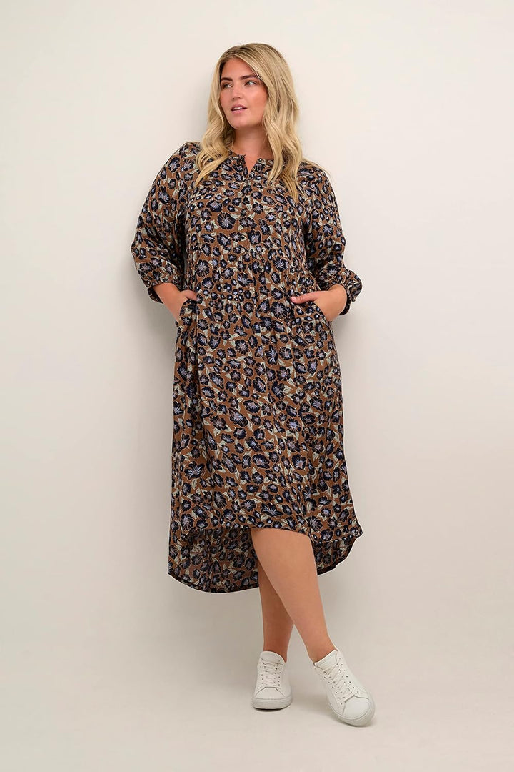 KAFFE CURVE Kleid Grosse Grössen Damen 3/4 Arm V-Ausschnitt Kleid Grosse Grössen Damen 3/4 Arm V-Aus
