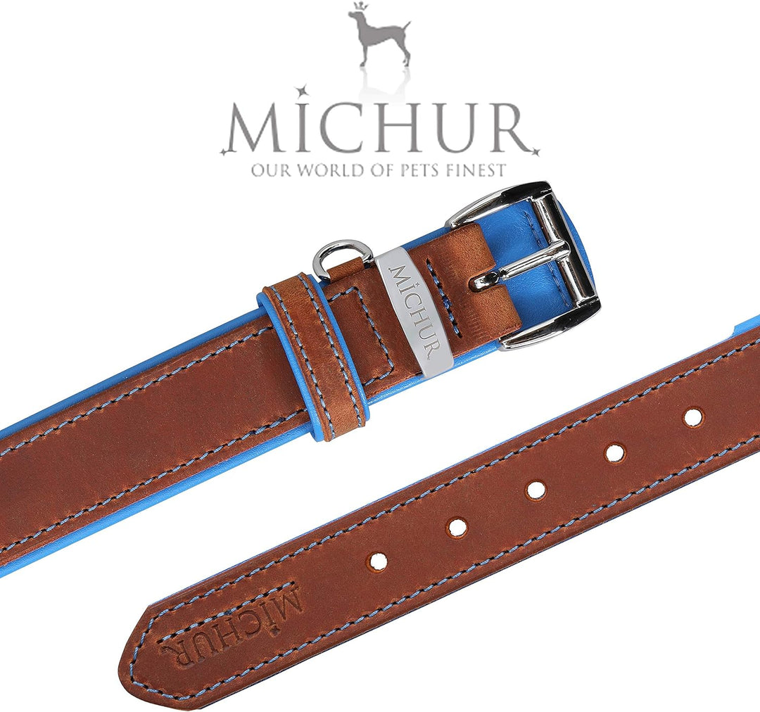MICHUR Charly Hundehalsband Leder Braun Blau, Lederhalsband Hund, Halsband, Leder, in verschiedenen