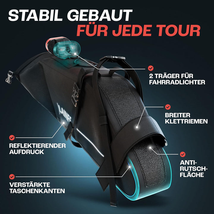 Fahrrad Satteltasche [10 Liter] | 100% Wasserdicht | Reflektierender Aufdruck - Bikepacking E-Bike M