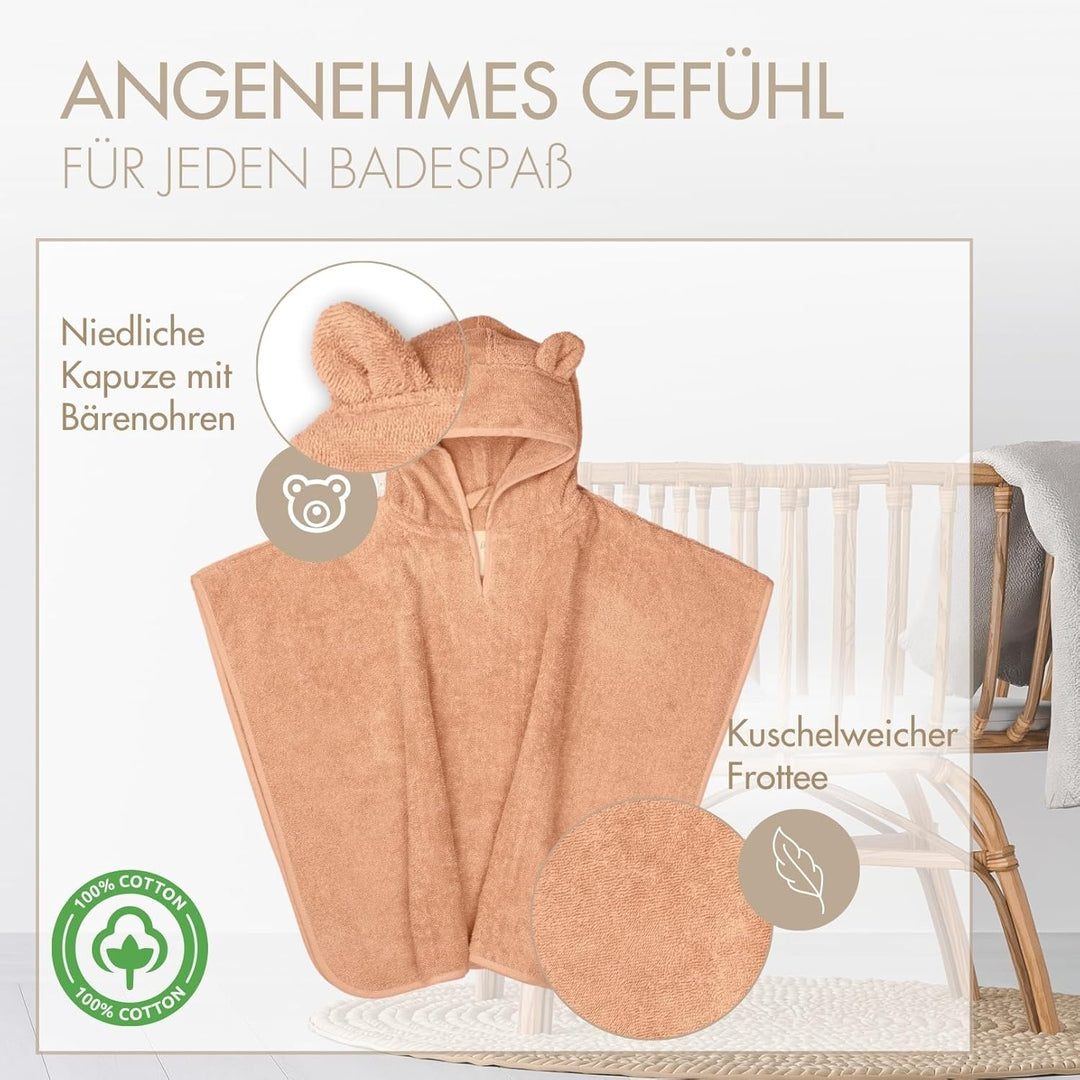 MOYO Baby Badeponcho Mit Bärenohren in Puder - Kinder Badetuch für 0-3 Jahre - Weicher Poncho Aus 10