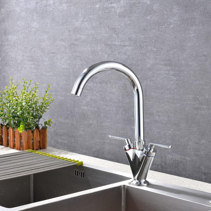 Xcel Home Chrom Küchenarmatur mit Doppelhebel &amp; 360° Schwenkauslauf, 1 Wasserhahn, inklusive Schläuc