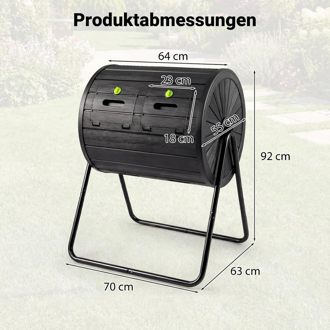 HOMASIS 142 L Trommelkomposter aus PP &amp; Metall, 360° drehbarer Schnellkomposter mit 2 Kammern, Therm