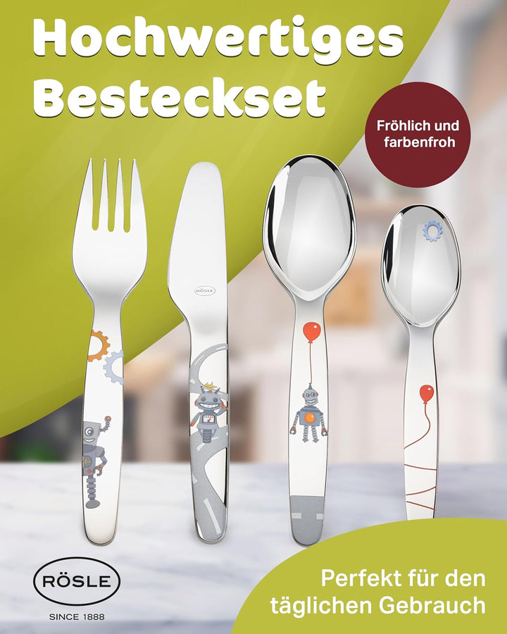 RÖSLE Kinderbesteck "Kleiner Roboter", 4-teilig, ab 3 Jahren, Edelstahl 18/10, Spülmaschinengeeignet