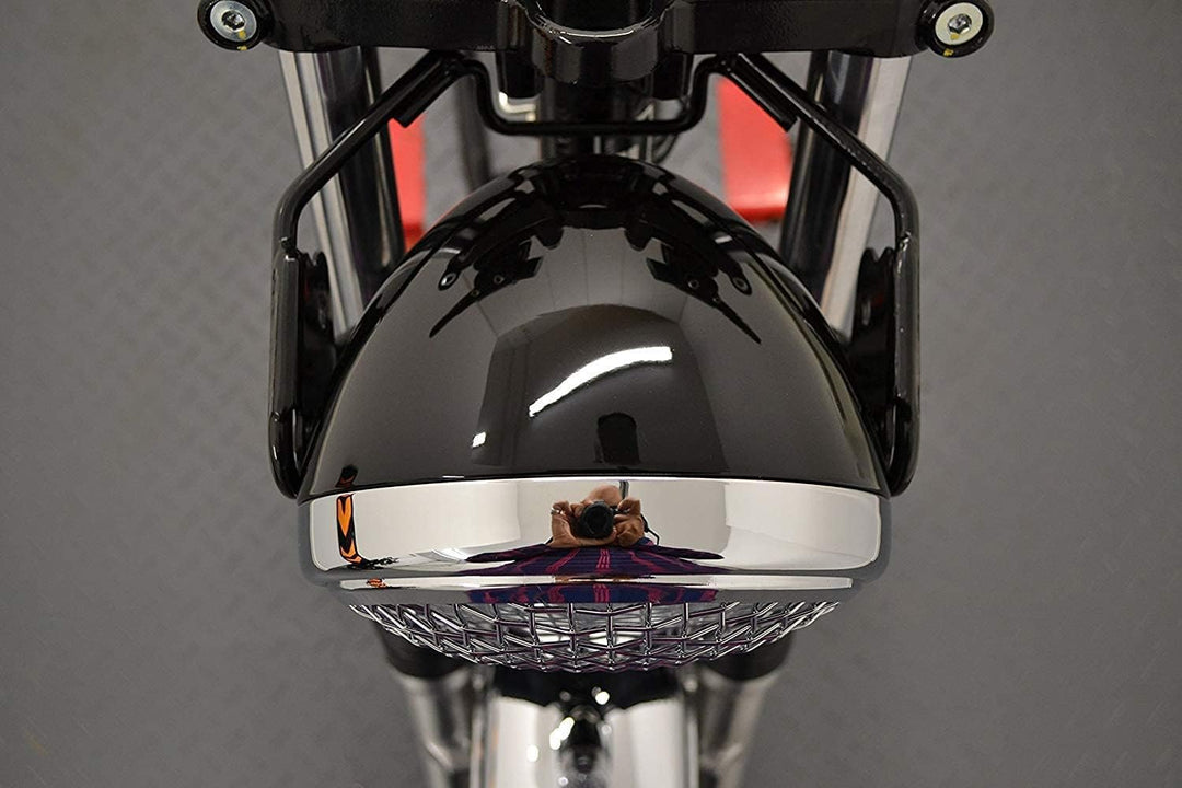 Alchemy Parts Motorrad Scheinwerfer 7.5 inch Glanz Schwarz Metall mit Chrom Netz Grill H4 55W