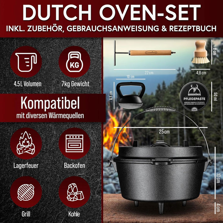 Dutch Oven Set – Eingebrannter Dutch Oven 4,5L - Feuertopf Gusseisen mit Füsse – Schmortopf Doppelfu