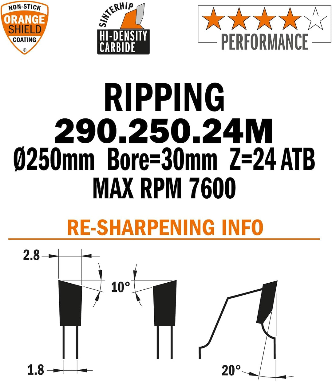 CMT Orange Tools Kreissägeblatt HW 250 x 2,8 / 1,8 x 30 Z=24 10° ATB - 290.250.24M - für Längsschnit
