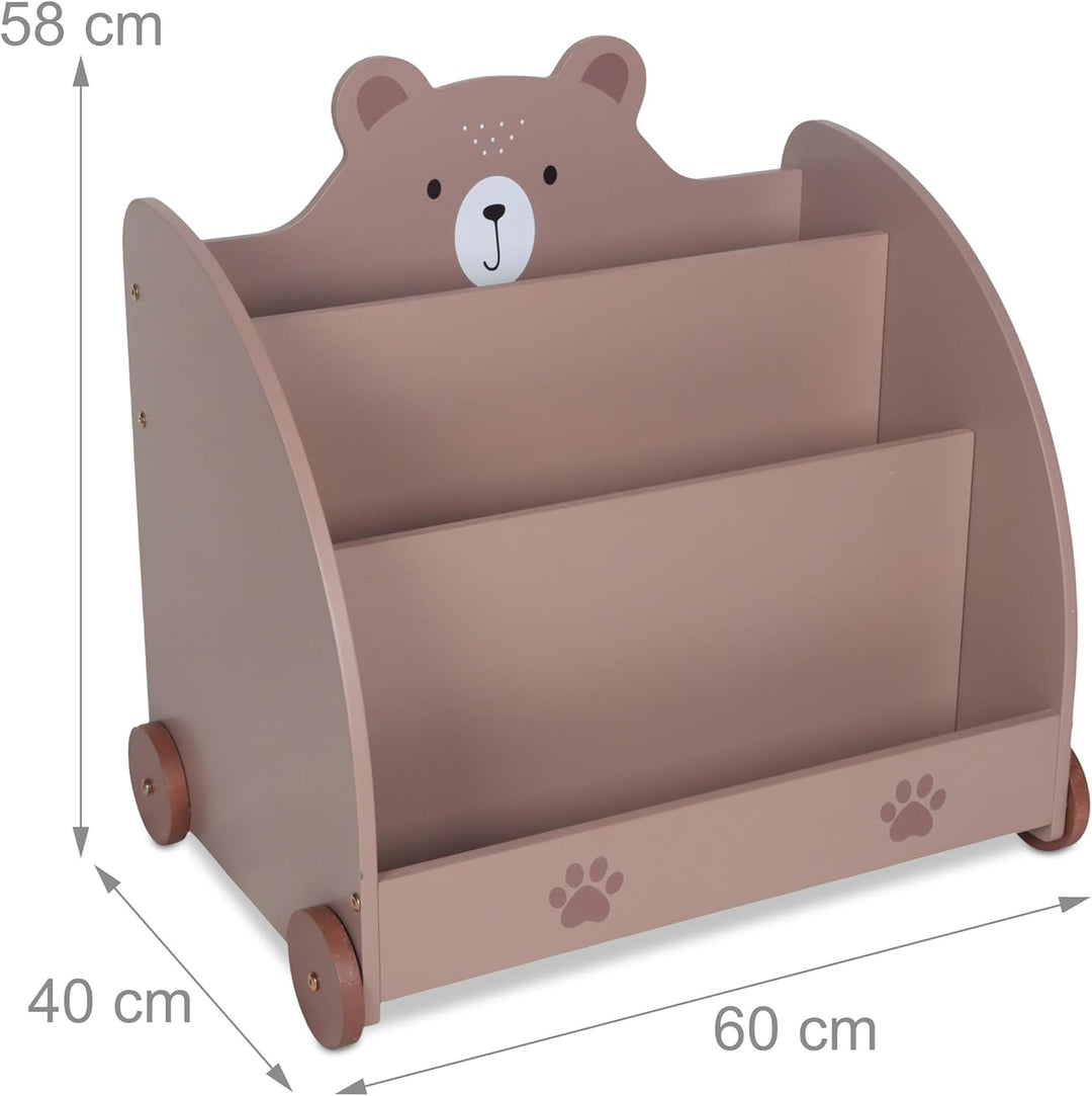 Relaxdays Bücherregal Kinder, Bärenmotiv, HBT: 58x60x40 cm, mit Rollen, abgerundete Ecken, Spielzeug