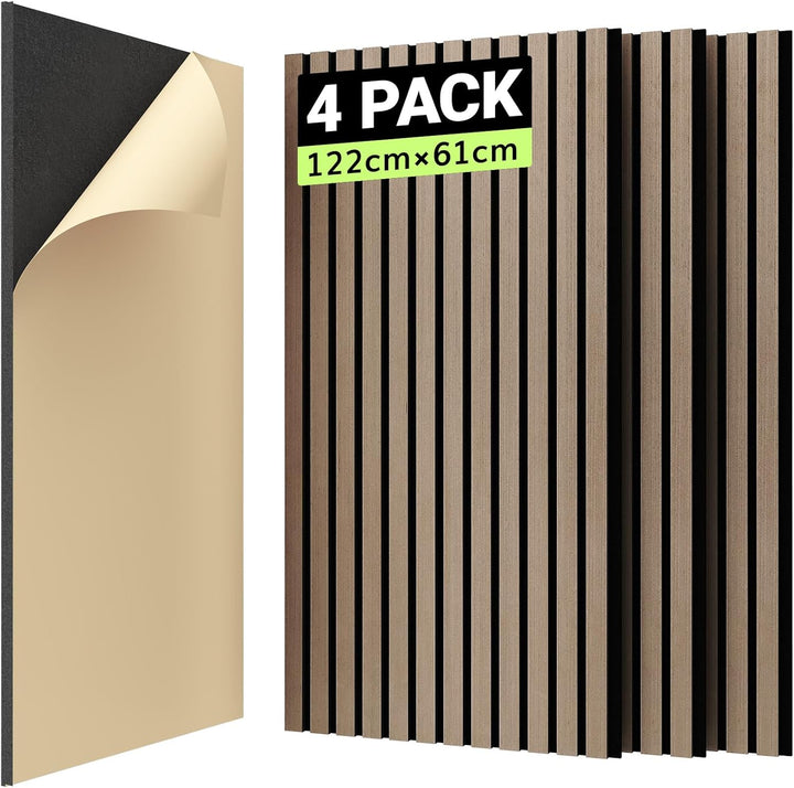 TONOR Akustikpaneele HOLZ Selbstklebend 2,976m²- 4 Stück je 122 x 61 x 2,1 cm, 3D Holzpaneele Wand L