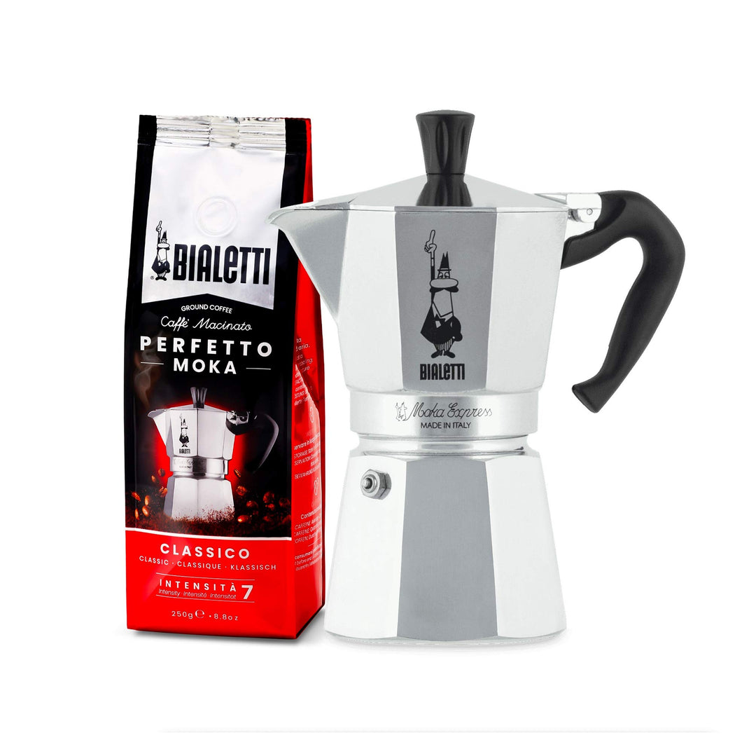 Bialetti Moka Express Espressokocher, Aluminium, Grau, 6 Tassen Perfetto Moka (der ideale Kaffee für