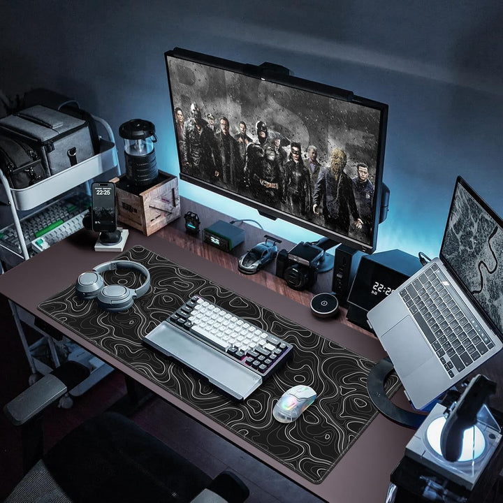 Gaming Mauspad XXL, Mousepad 900 x 400mm, Schwarz Topographisch Schreibtischunterlage gross Vernähte